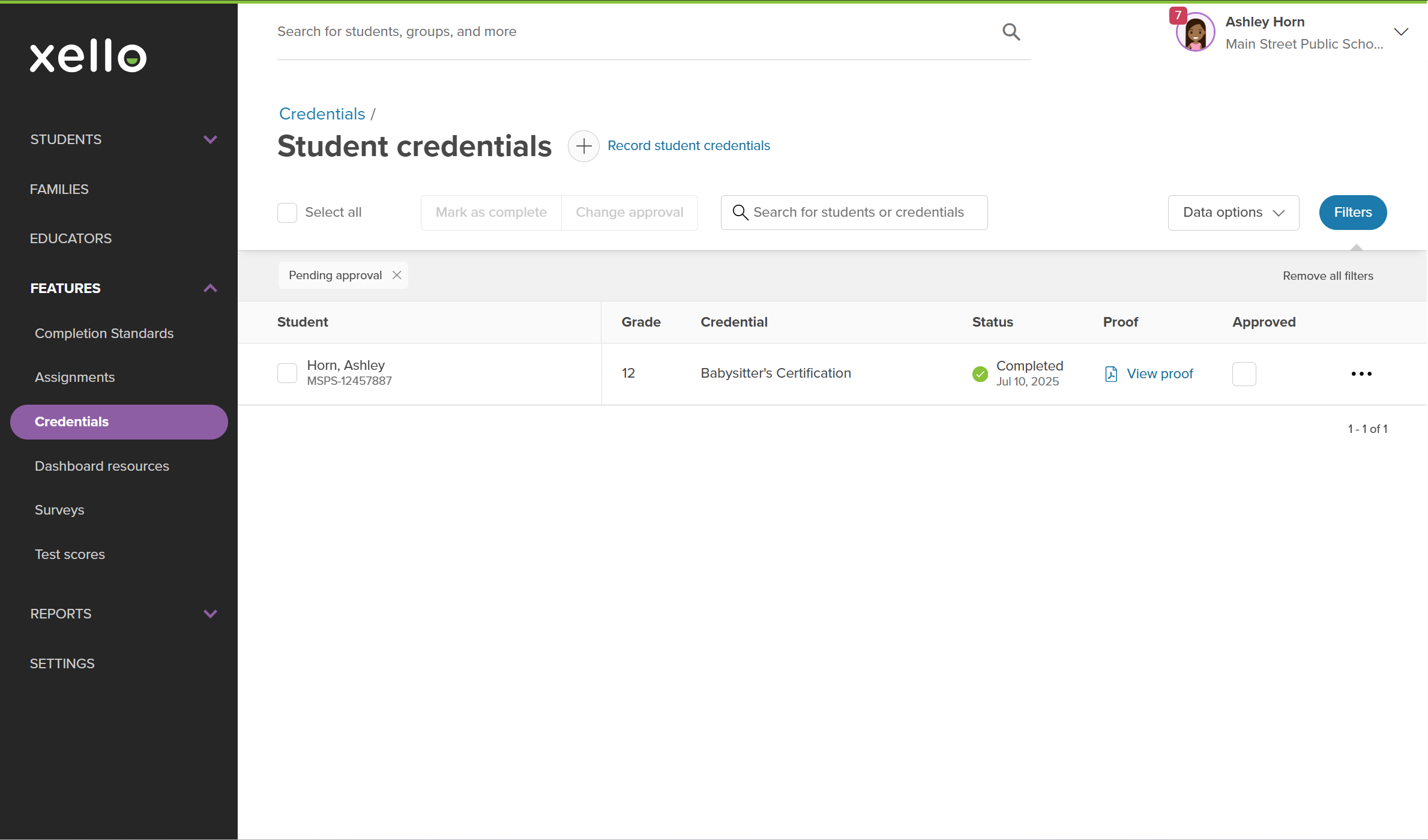 Click to enlarge Educator account in Xello. Student credentials page with the pending approval filter applied